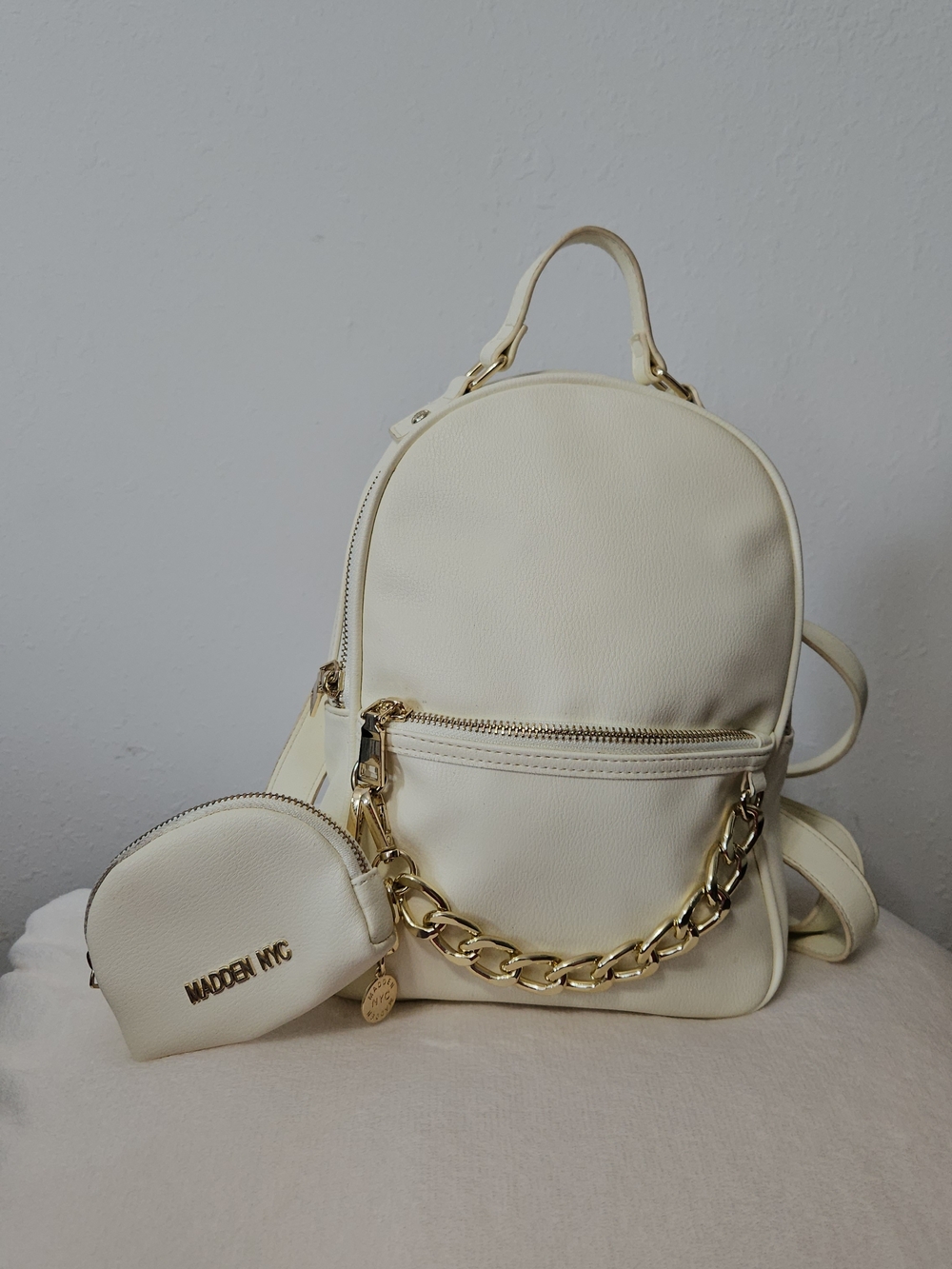 Madden NYC Cream Mini Backpack with Gold Chain Accent
